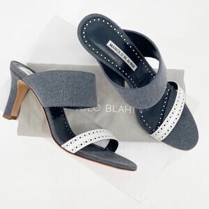 NWB Manolo Blahnik Denala Blue White Denim Leather Dual Band Slide Heels IT 40